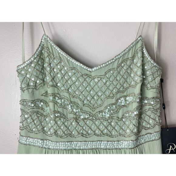 NWT ADRIANNA PAPELL DRESS 8 SEQUIN BEADED BODICE CHIFFON GREEN SLEEVELESS GOWN - Picture 8 of 16